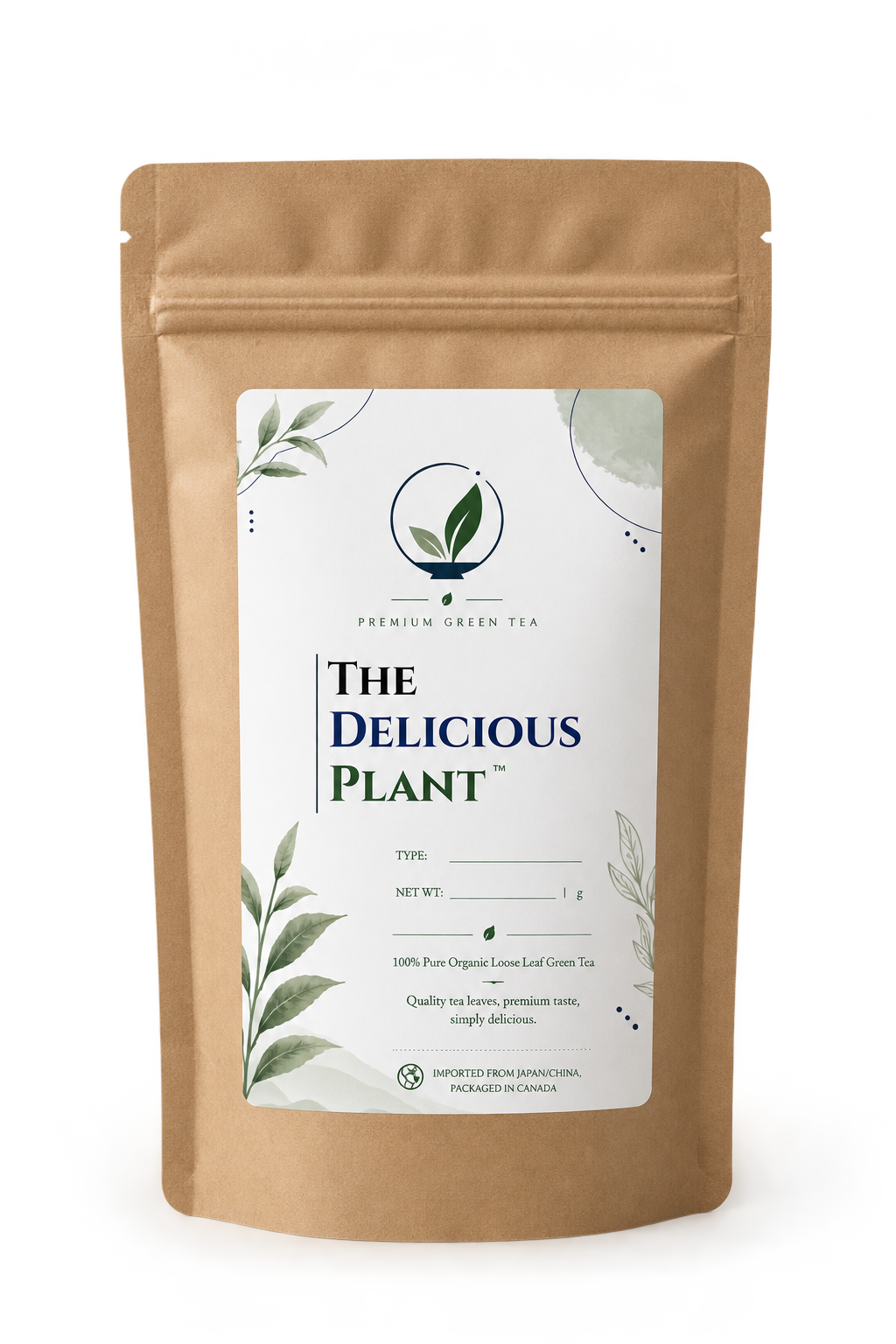 The Delicious Plant green tea in a kraft paper pouch